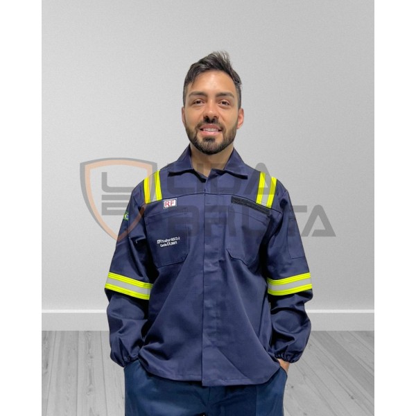 conjunto eletricista atpv 11, nr10, anti chamas, fogo repentino, risco ii - azul marinho