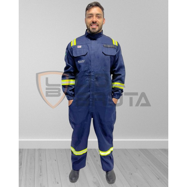 macacão eletricista nr10, anti chamas, fogo repentino, risco ii - azul marinho